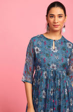Janasya Blue Poly Georgette Floral Flared Western Dress | Grocsy