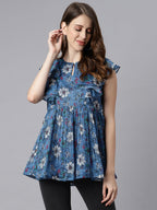 Janasya Women's Blue Poly Georgette Floral Print Gathered Top | Grocsy