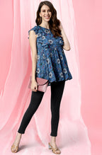 Janasya Women's Blue Poly Georgette Floral Print Gathered Top | Grocsy