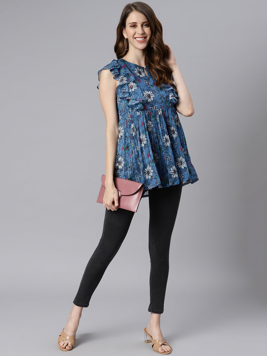 Janasya Women's Blue Poly Georgette Floral Print Gathered Top | Grocsy