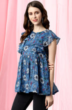 Janasya Women's Blue Poly Georgette Floral Print Gathered Top | Grocsy