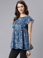 Janasya Women's Blue Poly Georgette Floral Print Gathered Top | Grocsy