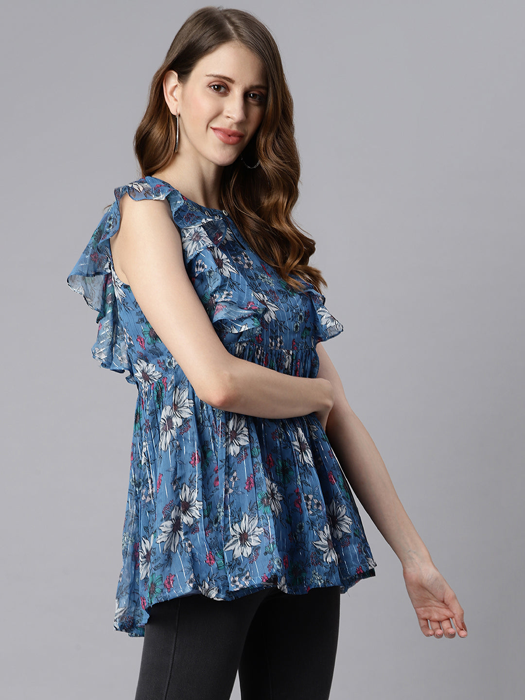 Janasya Women's Blue Poly Georgette Floral Print Gathered Top | Grocsy