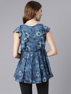 Janasya Women's Blue Poly Georgette Floral Print Gathered Top | Grocsy