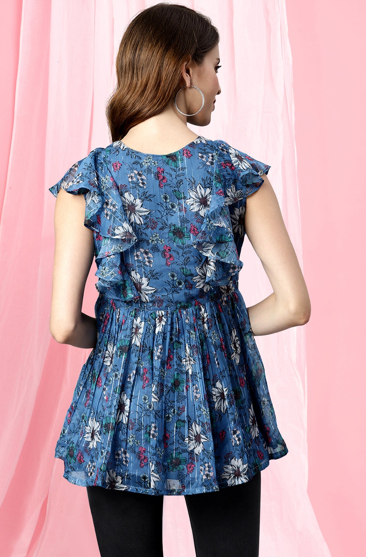 Janasya Women's Blue Poly Georgette Floral Print Gathered Top | Grocsy