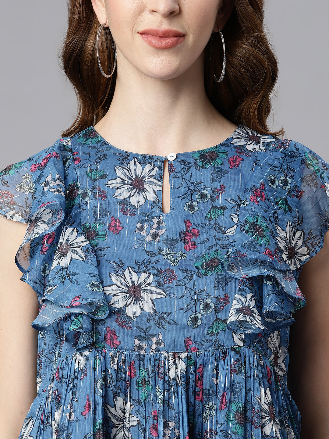 Janasya Women's Blue Poly Georgette Floral Print Gathered Top | Grocsy