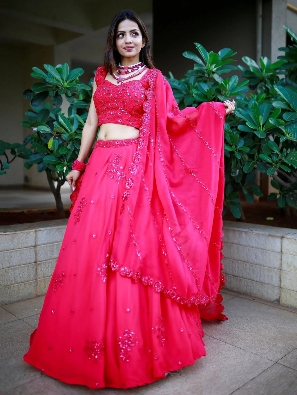 Tulsi Art Beautiful Pink Sequins Georgette Wedding Lehenga Choli With Dupatta | Grocsy