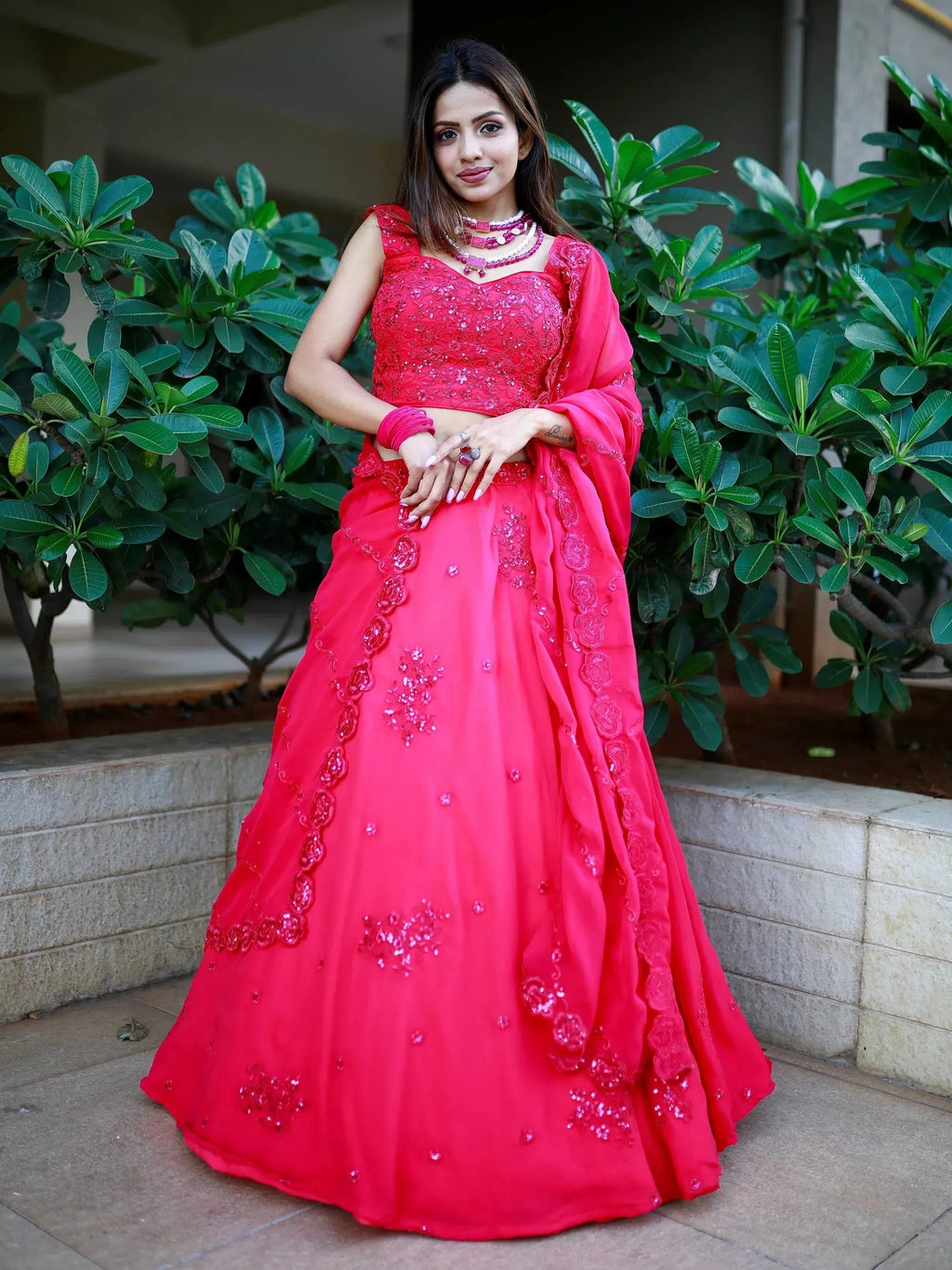 Tulsi Art Beautiful Pink Sequins Georgette Wedding Lehenga Choli With Dupatta | Grocsy