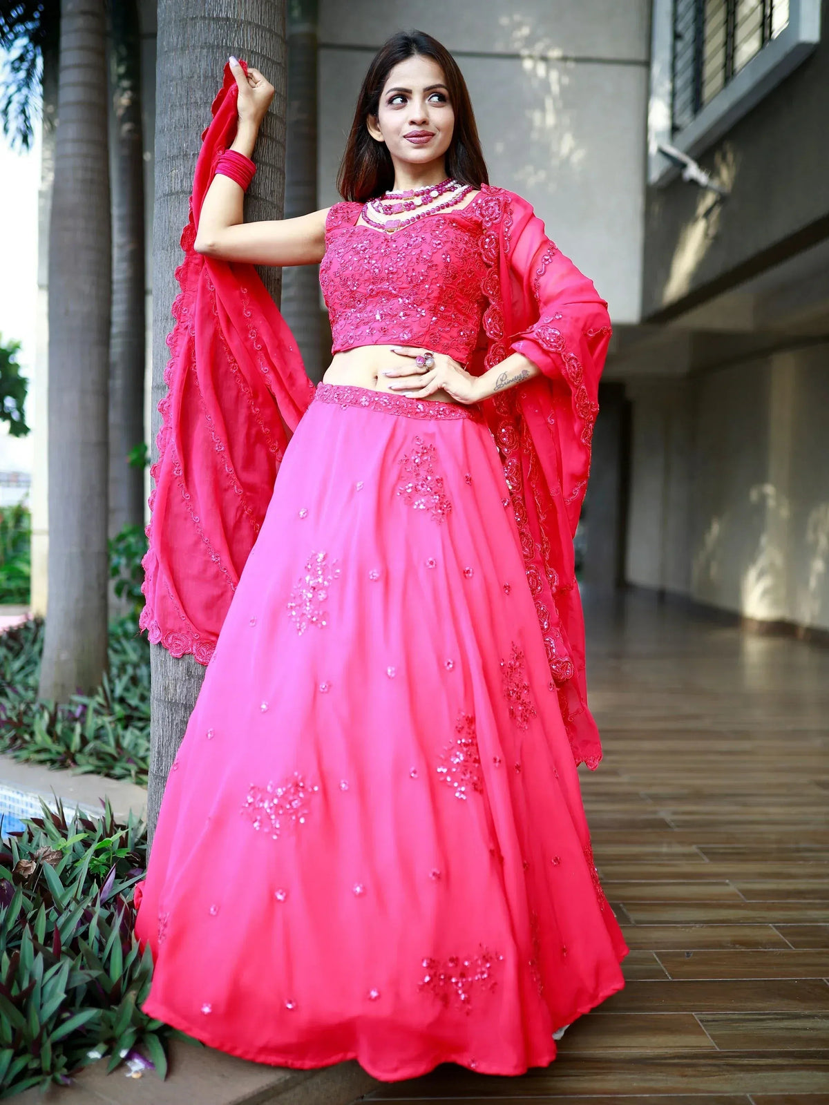 Tulsi Art Beautiful Pink Sequins Georgette Wedding Lehenga Choli With Dupatta | Grocsy