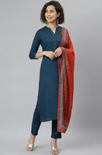 Janasya Women's Teal Rayon Solid Kurta With Pant And Dupatta | Grocsy