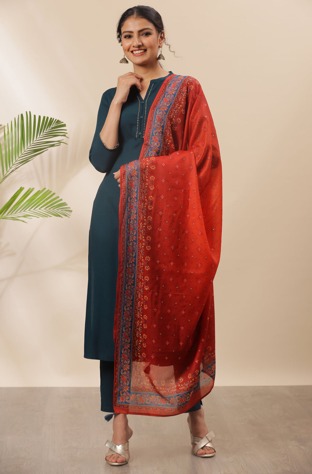Janasya Women's Teal Rayon Solid Kurta With Pant And Dupatta | Grocsy