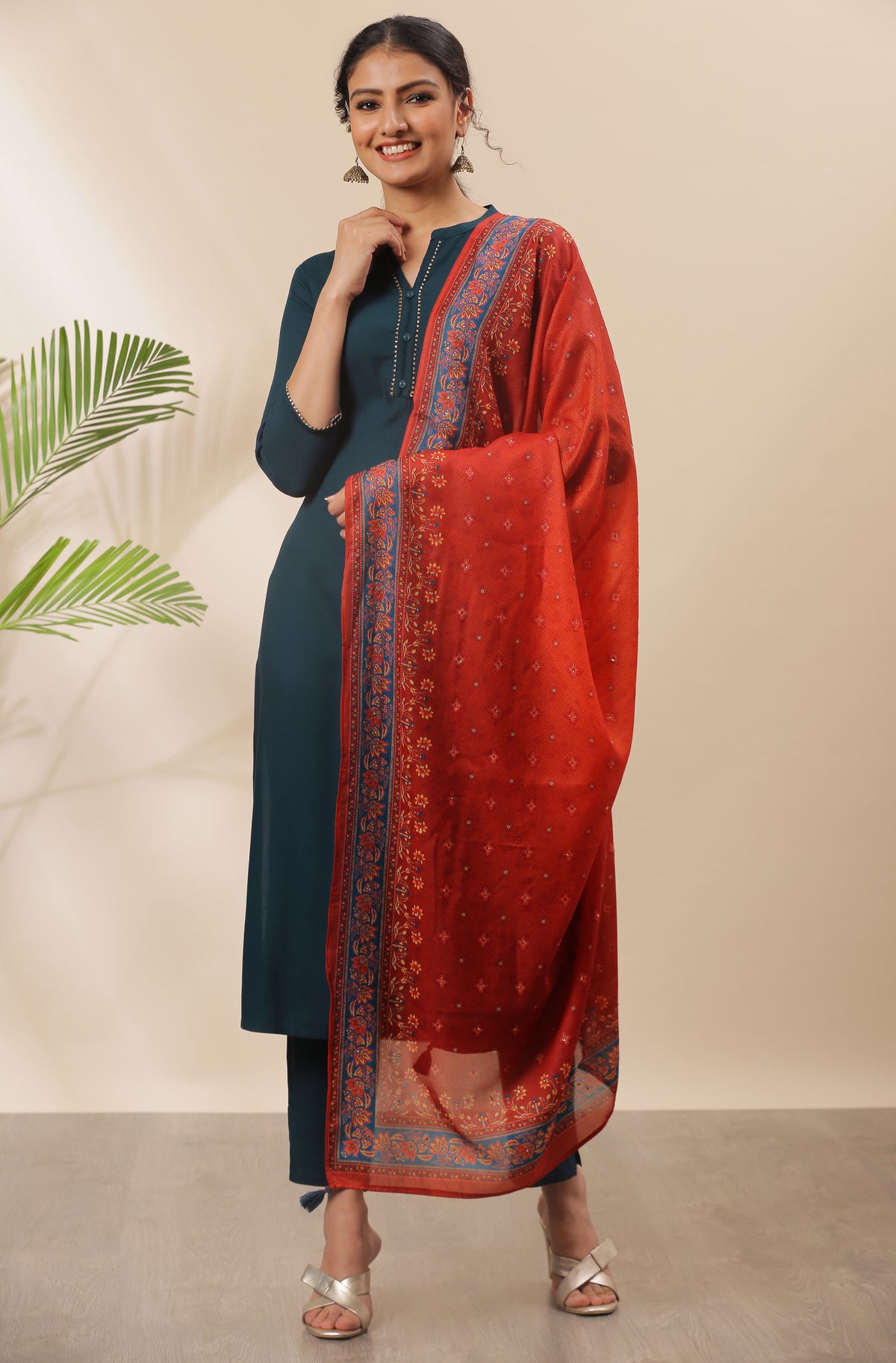 Janasya Women's Teal Rayon Solid Kurta With Pant And Dupatta | Grocsy