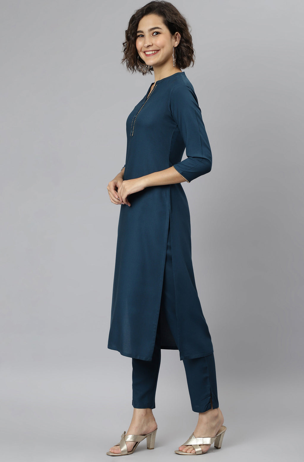 Janasya Women's Teal Rayon Solid Kurta With Pant And Dupatta | Grocsy