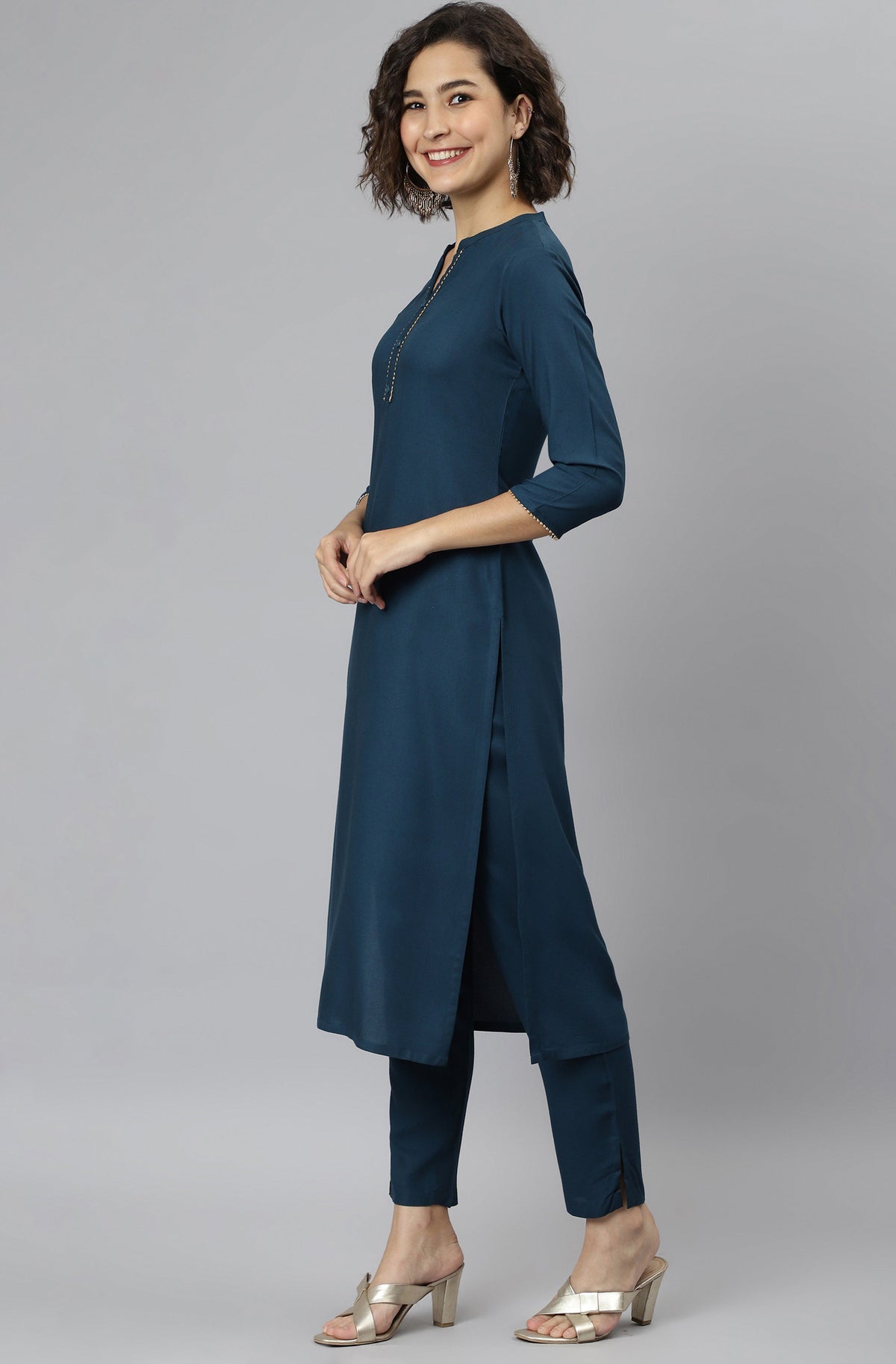 Janasya Women's Teal Rayon Solid Kurta With Pant And Dupatta | Grocsy