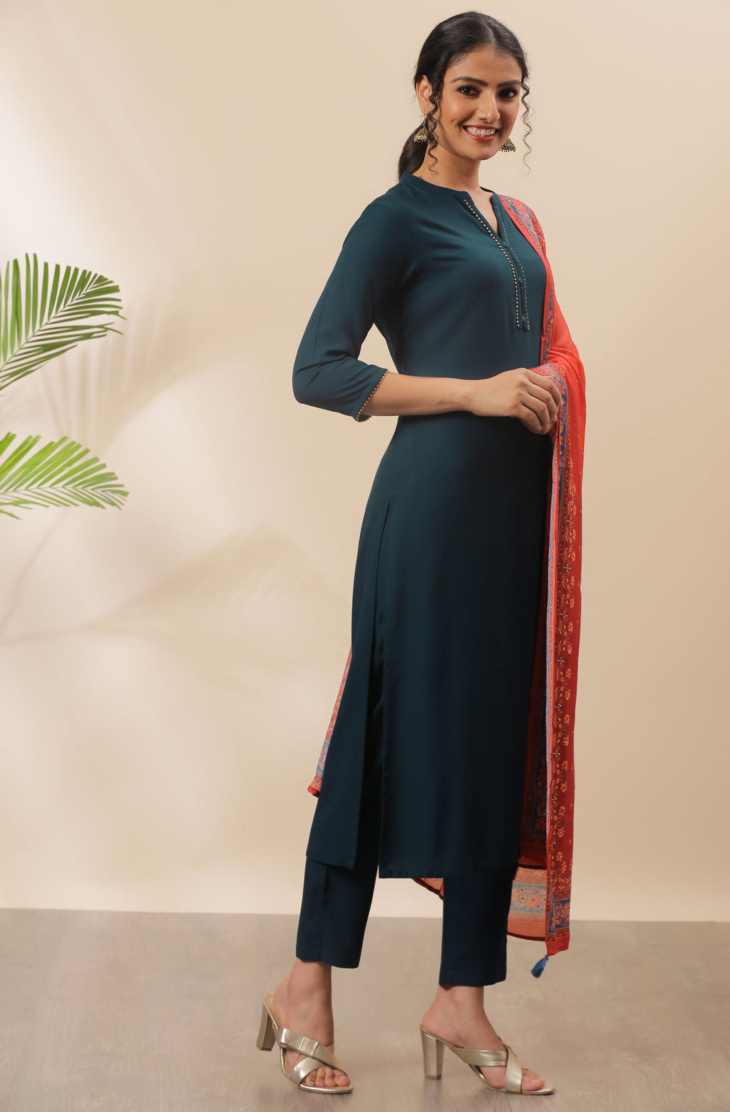 Janasya Women's Teal Rayon Solid Kurta With Pant And Dupatta | Grocsy