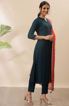 Janasya Women's Teal Rayon Solid Kurta With Pant And Dupatta | Grocsy