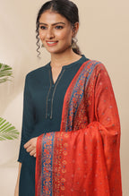 Janasya Women's Teal Rayon Solid Kurta With Pant And Dupatta | Grocsy