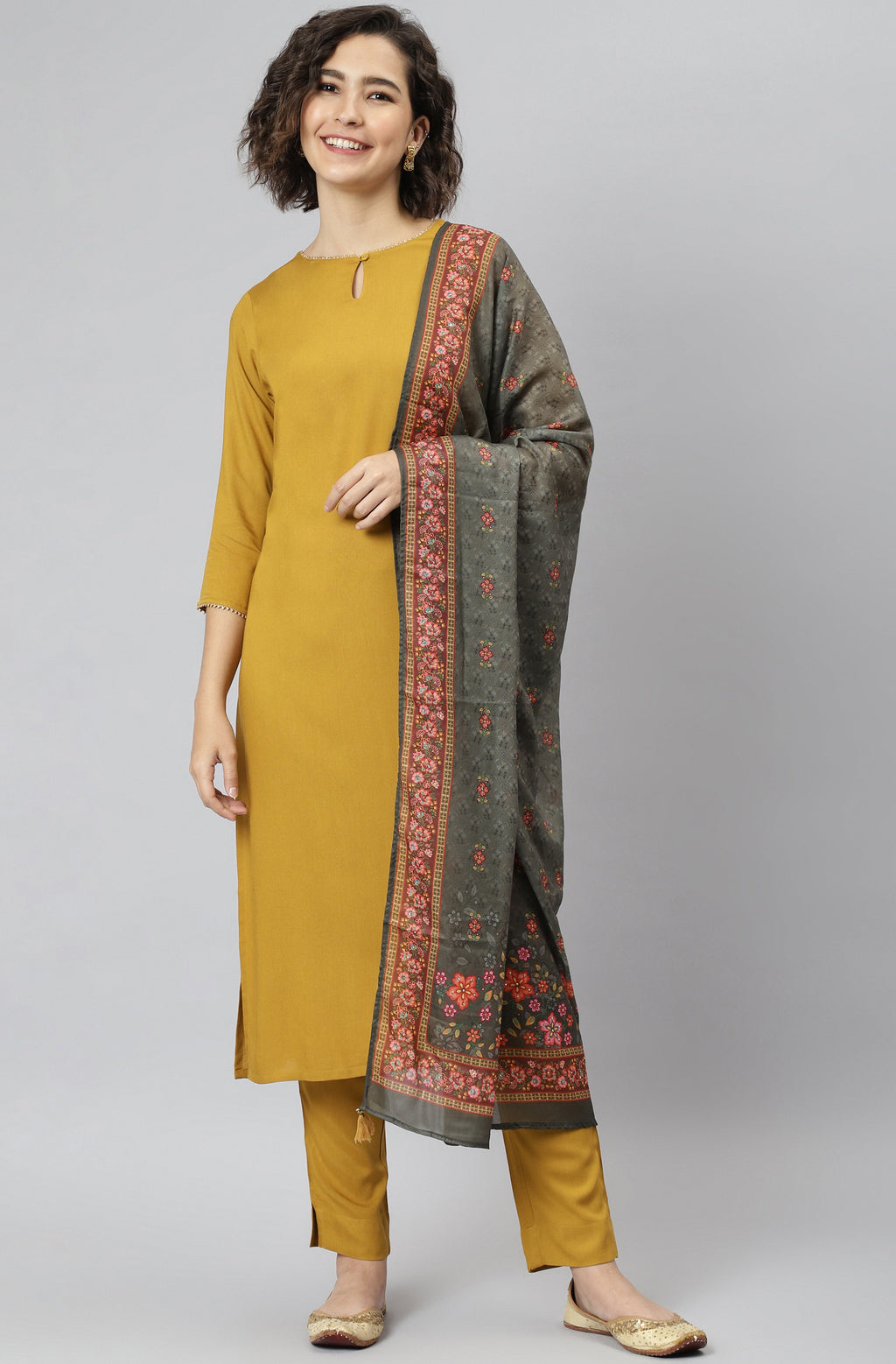 Janasya Women's Mustard Rayon Solid Kurta With Pant And Dupatta | Grocsy