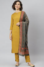 Janasya Women's Mustard Rayon Solid Kurta With Pant And Dupatta | Grocsy
