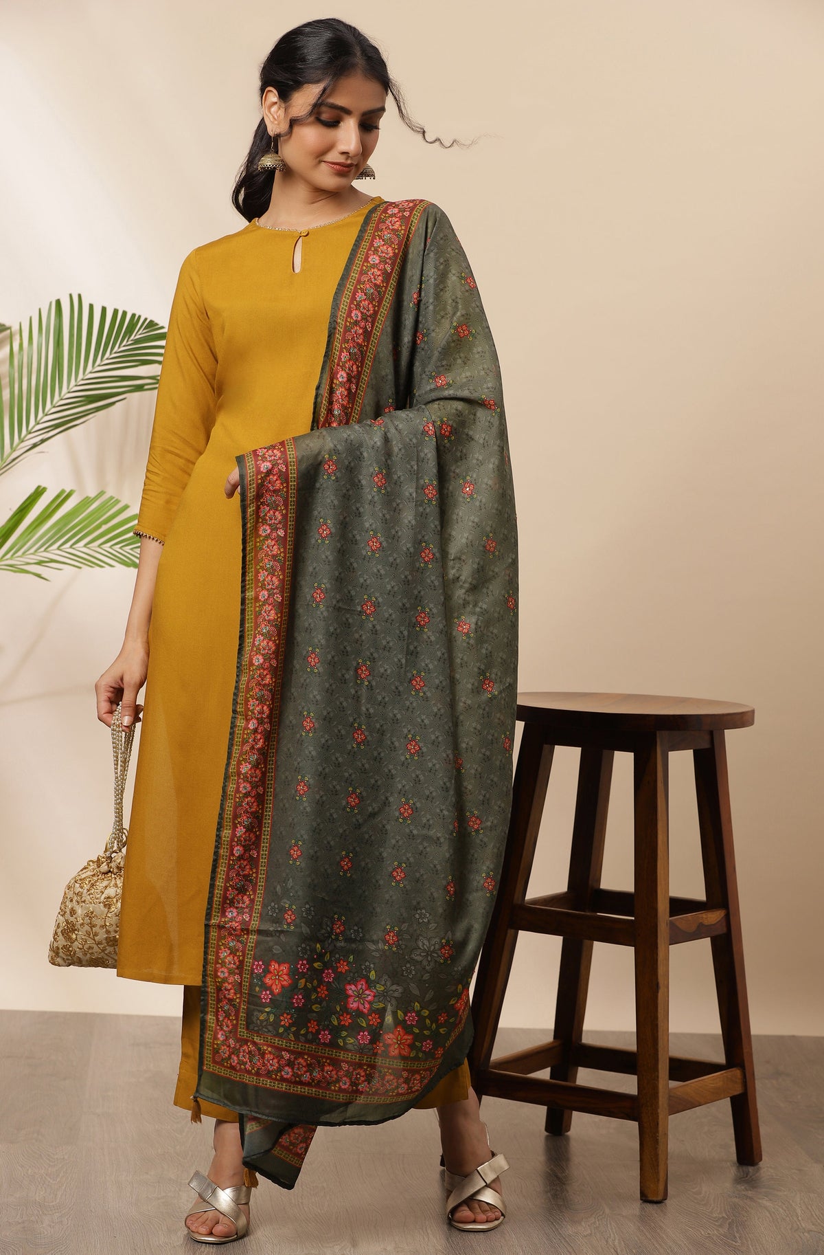 Janasya Women's Mustard Rayon Solid Kurta With Pant And Dupatta | Grocsy