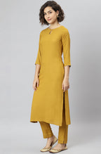Janasya Women's Mustard Rayon Solid Kurta With Pant And Dupatta | Grocsy