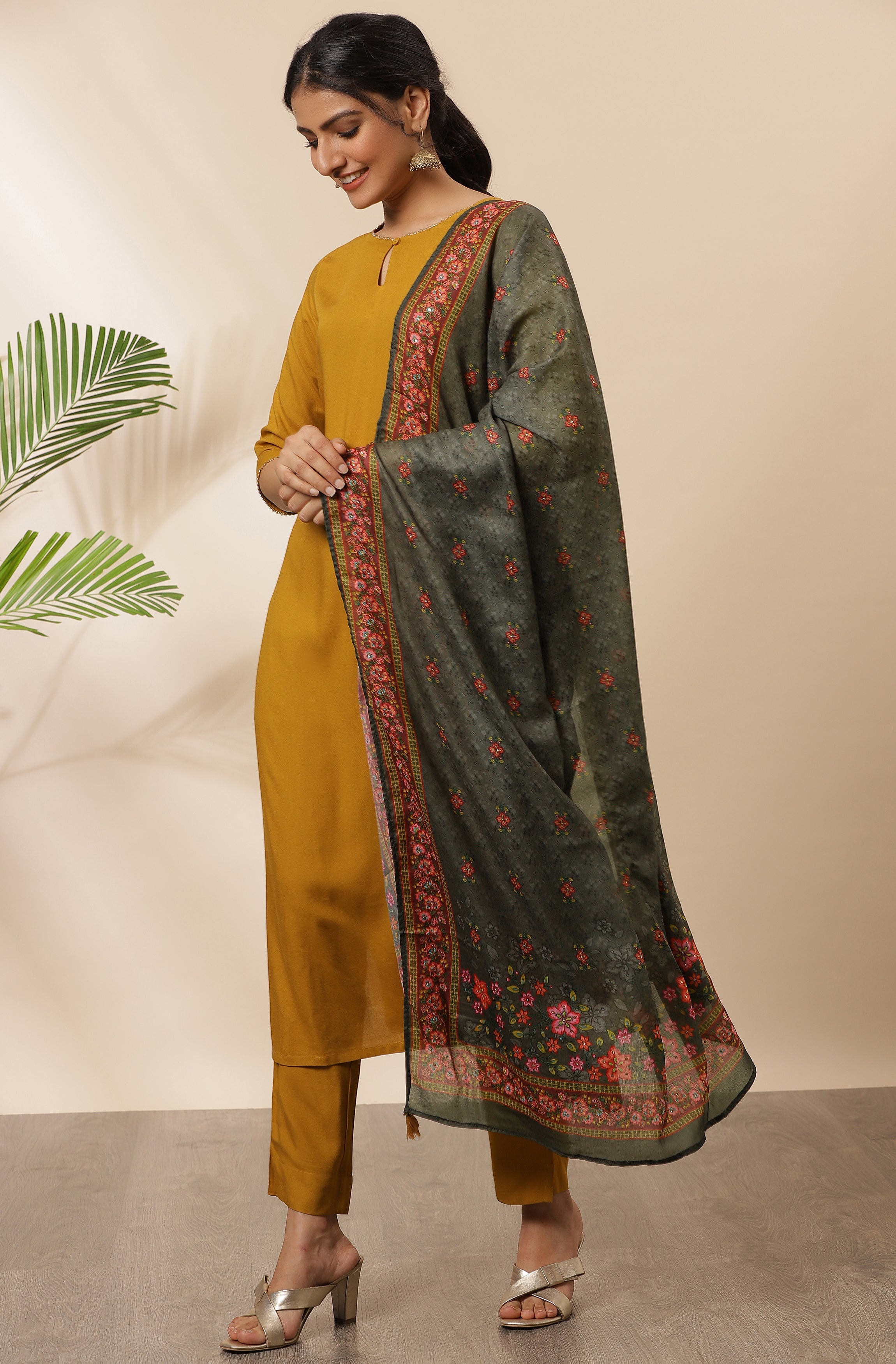 Janasya Women's Mustard Rayon Solid Kurta With Pant And Dupatta | Grocsy