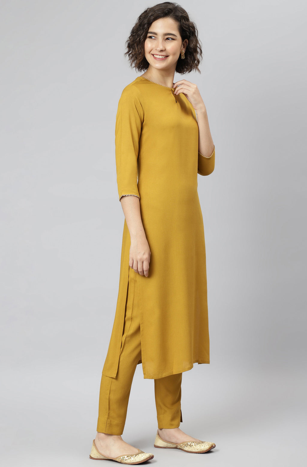 Janasya Women's Mustard Rayon Solid Kurta With Pant And Dupatta | Grocsy