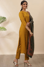 Janasya Women's Mustard Rayon Solid Kurta With Pant And Dupatta | Grocsy
