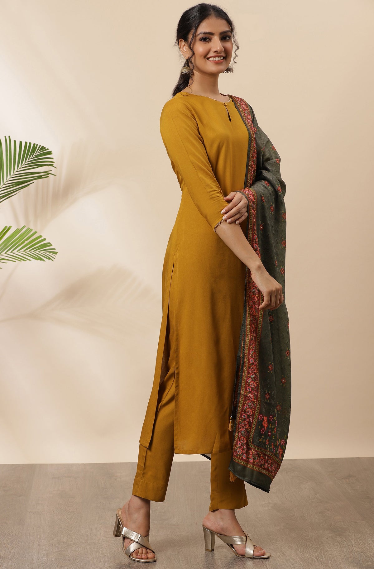 Janasya Women's Mustard Rayon Solid Kurta With Pant And Dupatta | Grocsy