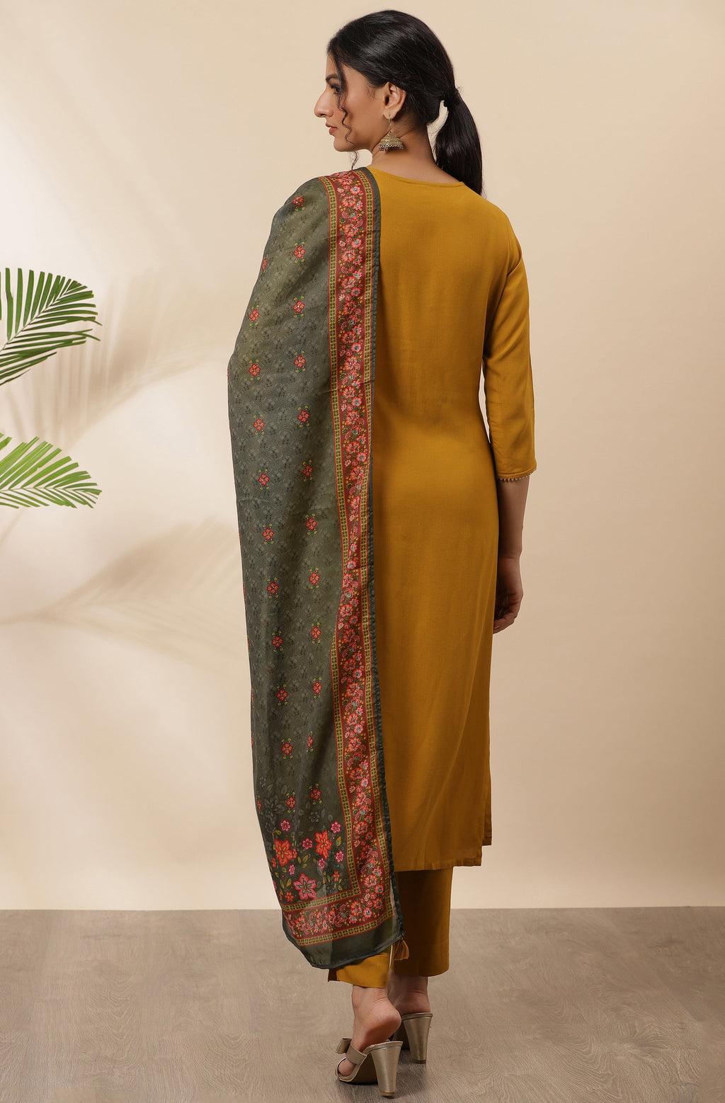 Janasya Women's Mustard Rayon Solid Kurta With Pant And Dupatta | Grocsy