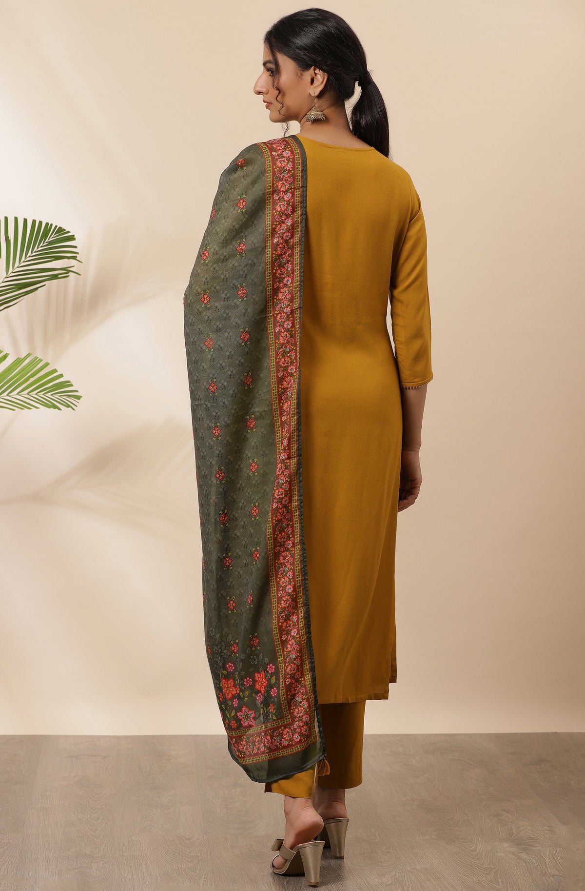 Janasya Women's Mustard Rayon Solid Kurta With Pant And Dupatta | Grocsy