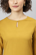Janasya Women's Mustard Rayon Solid Kurta With Pant And Dupatta | Grocsy