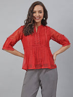 Janasya Women's Red Kota Doria Embellished Gathered Top | Grocsy