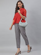 Janasya Women's Red Kota Doria Embellished Gathered Top | Grocsy