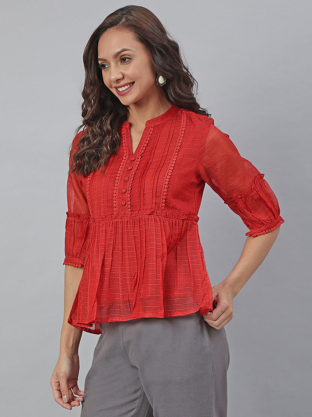 Janasya Women's Red Kota Doria Embellished Gathered Top | Grocsy