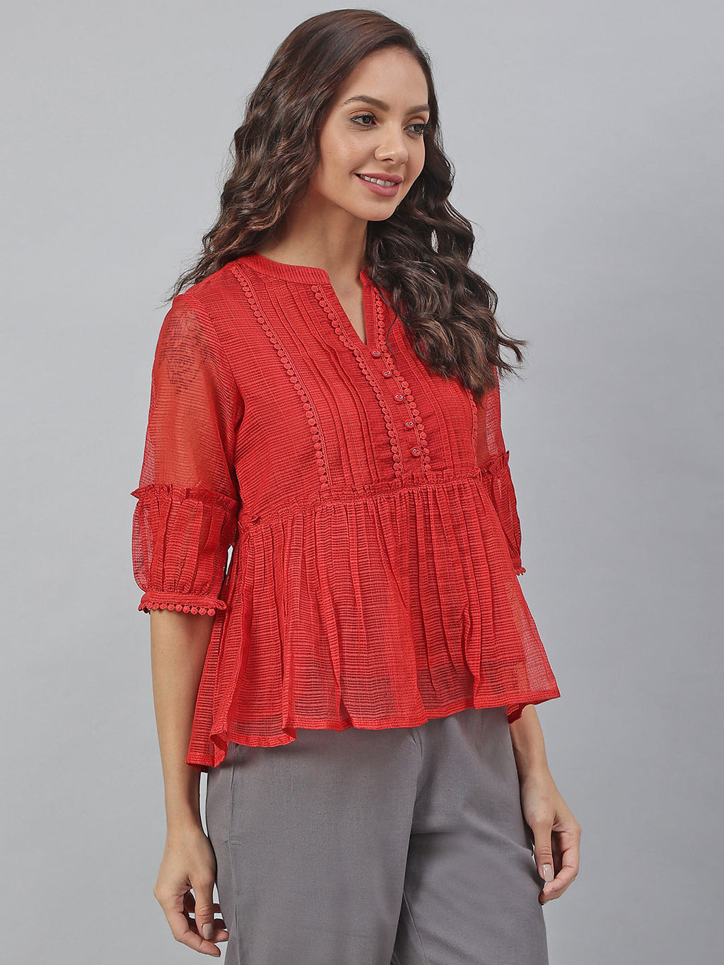 Janasya Women's Red Kota Doria Embellished Gathered Top | Grocsy