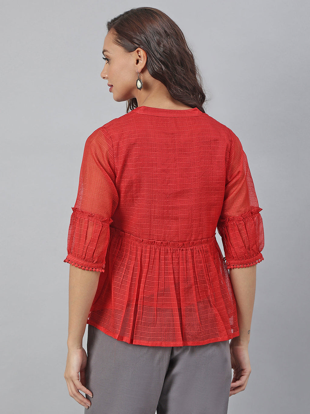 Janasya Women's Red Kota Doria Embellished Gathered Top | Grocsy