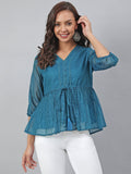 Janasya Women's Teal Kota Doria Solid Gathered Top | Grocsy