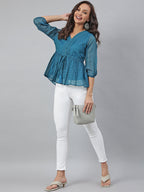 Janasya Women's Teal Kota Doria Solid Gathered Top | Grocsy