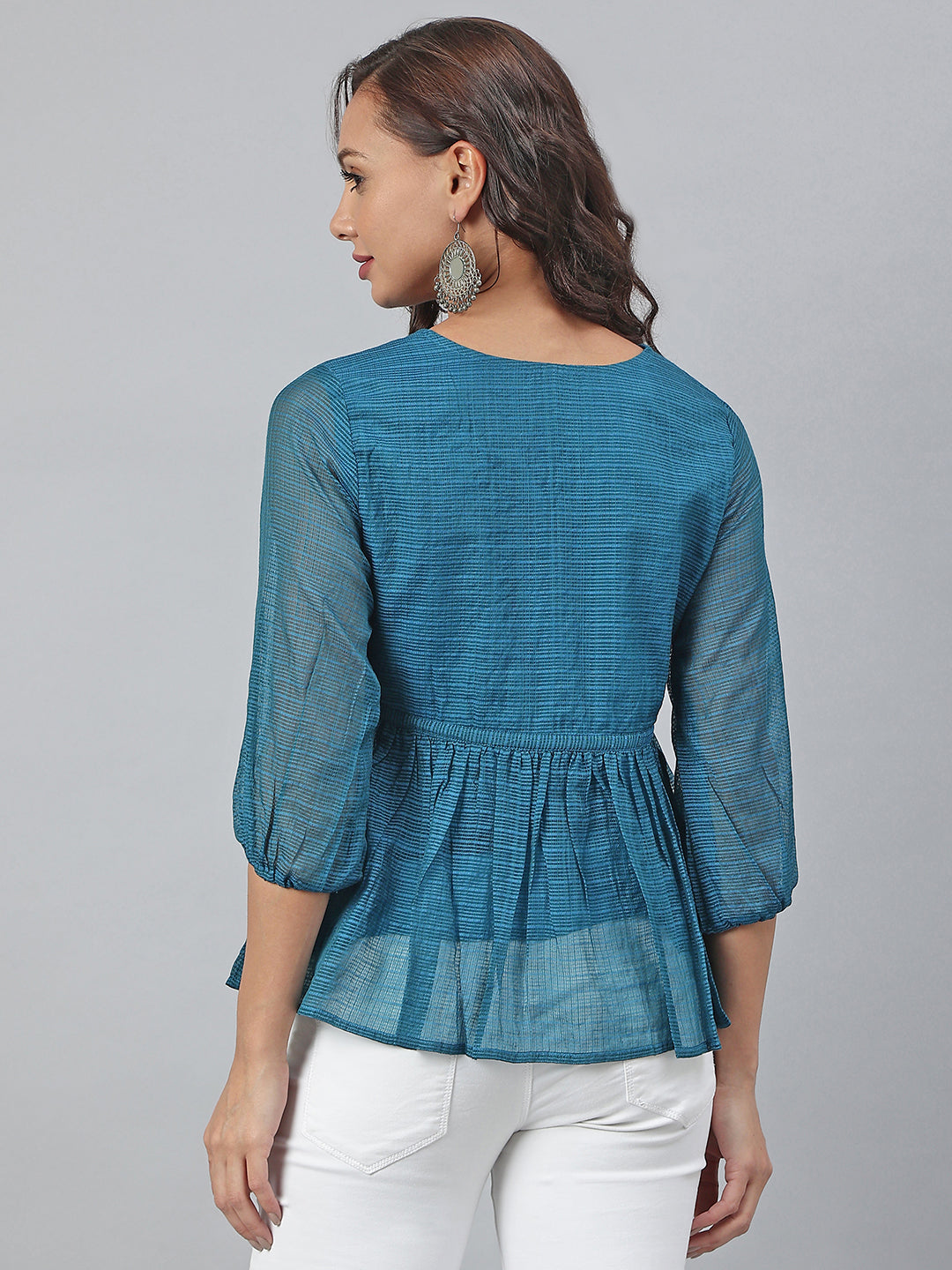 Janasya Women's Teal Kota Doria Solid Gathered Top | Grocsy