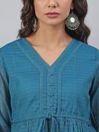 Janasya Women's Teal Kota Doria Solid Gathered Top | Grocsy