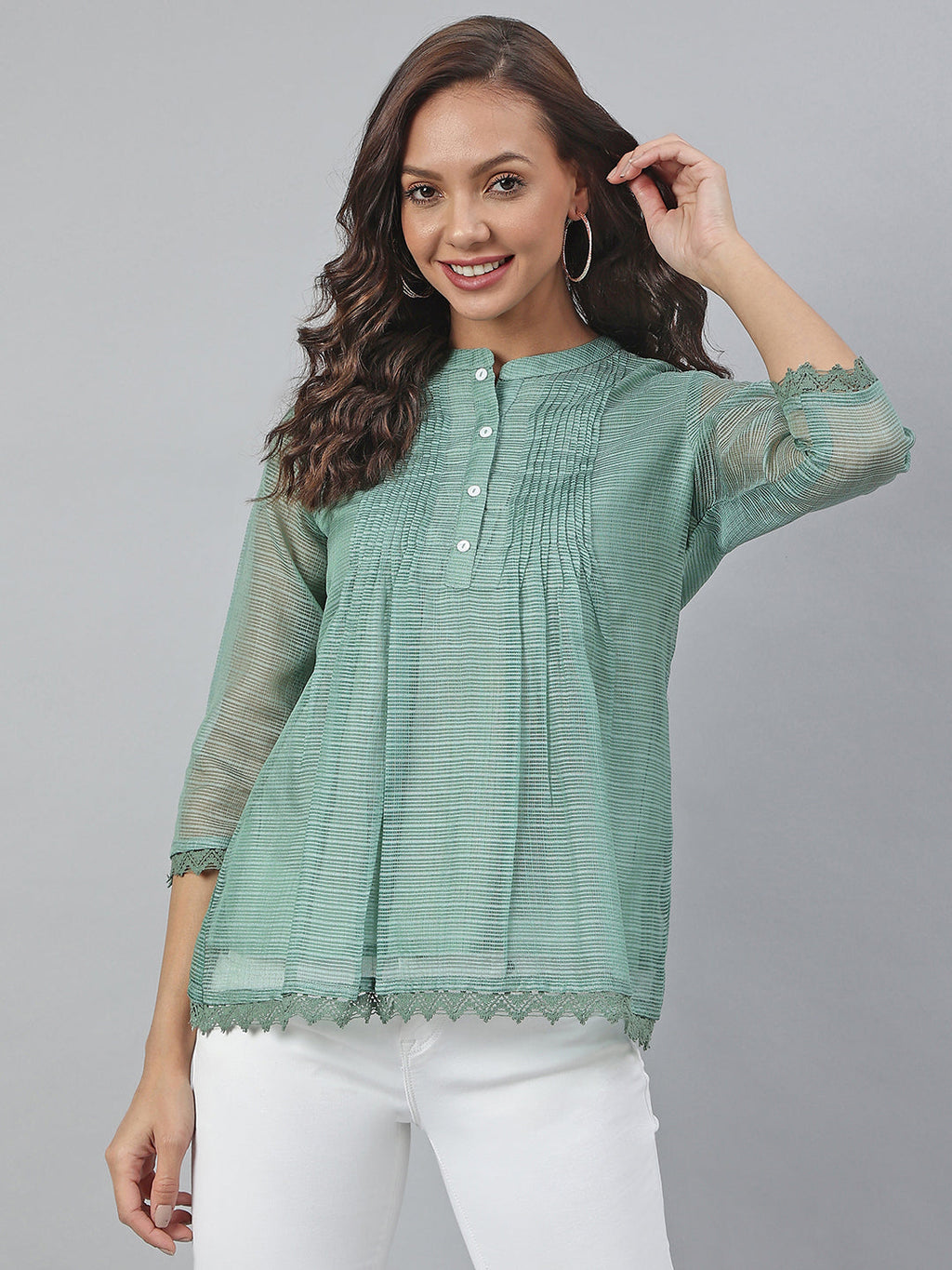 Janasya Women's Green Kota Doria Embellished Regular Top | Grocsy