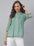 Janasya Women's Green Kota Doria Embellished Regular Top | Grocsy