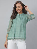 Janasya Women's Green Kota Doria Embellished Regular Top | Grocsy