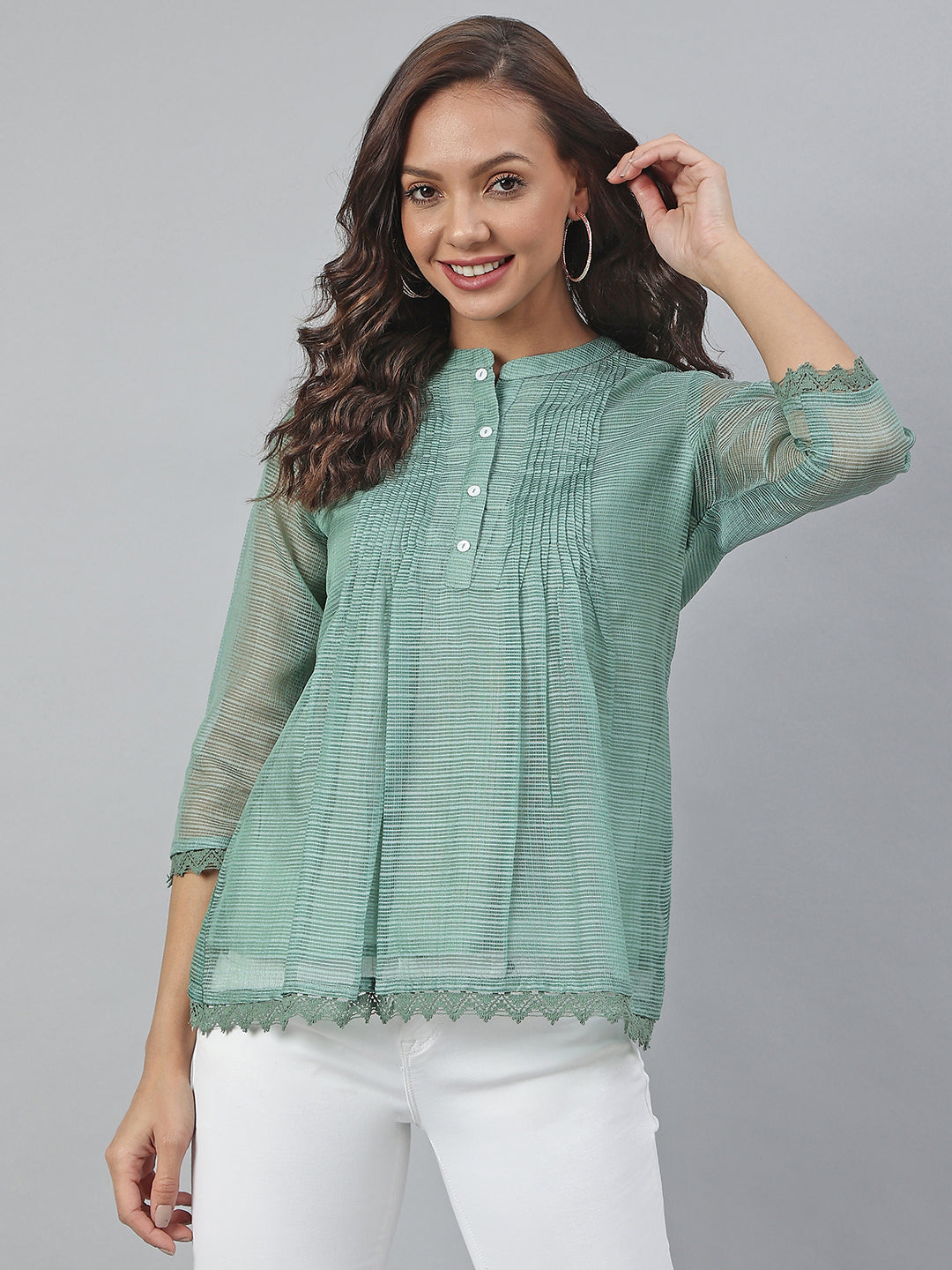 Janasya Women's Green Kota Doria Embellished Regular Top | Grocsy