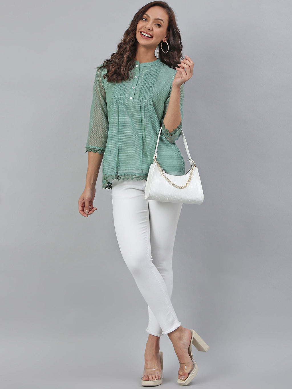 Janasya Women's Green Kota Doria Embellished Regular Top | Grocsy