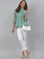Janasya Women's Green Kota Doria Embellished Regular Top | Grocsy
