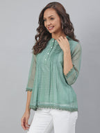 Janasya Women's Green Kota Doria Embellished Regular Top | Grocsy