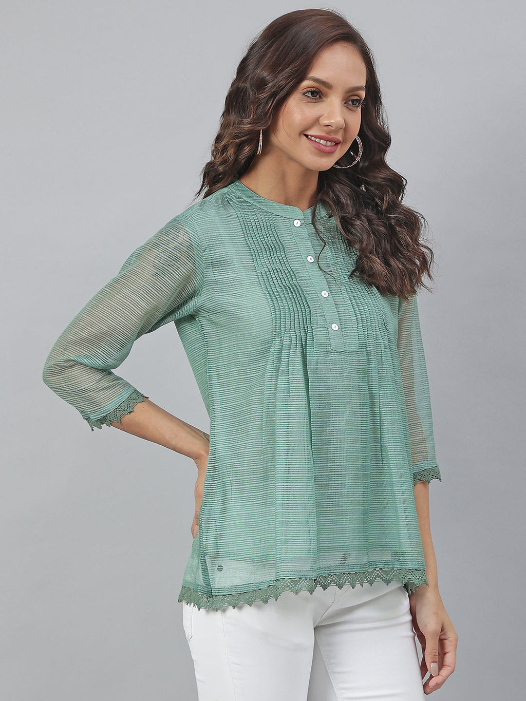 Janasya Women's Green Kota Doria Embellished Regular Top | Grocsy