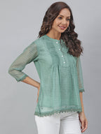 Janasya Women's Green Kota Doria Embellished Regular Top | Grocsy